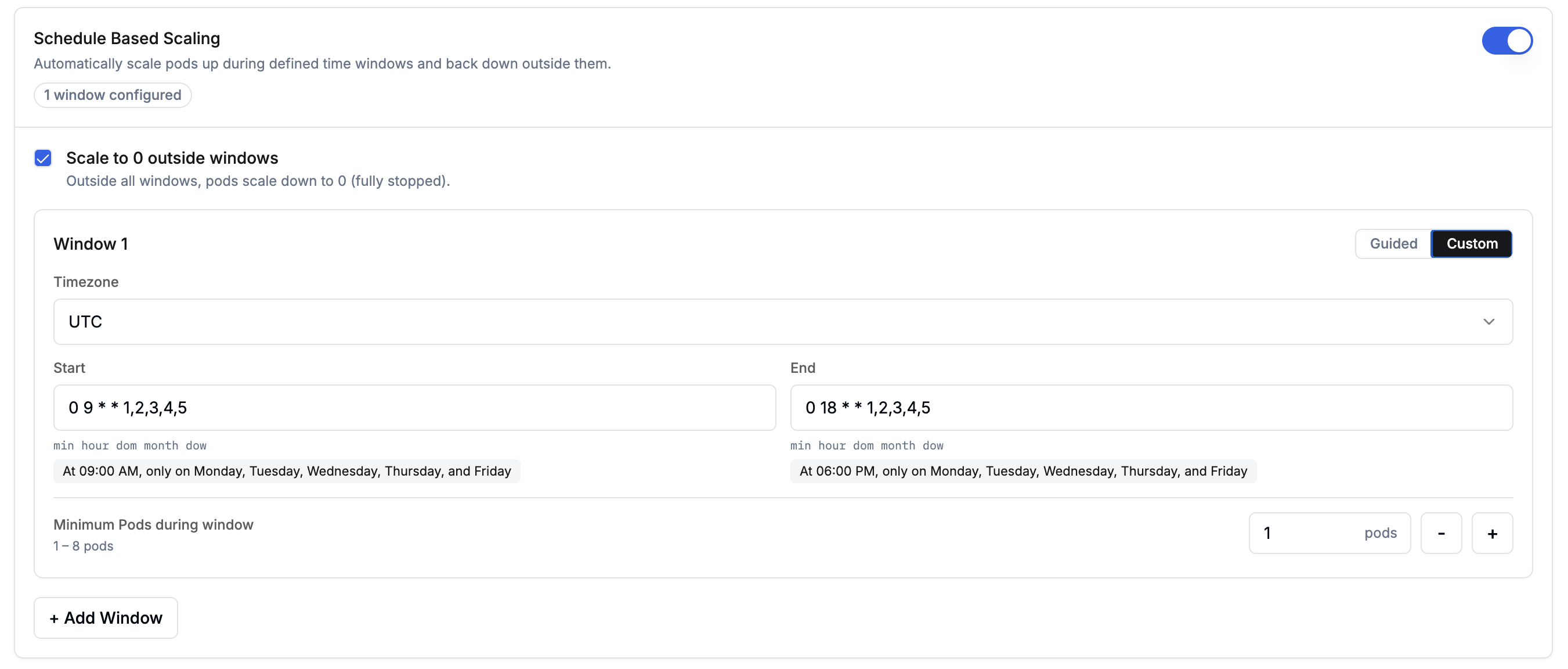 Schedule-based autoscaling – Custom cron mode