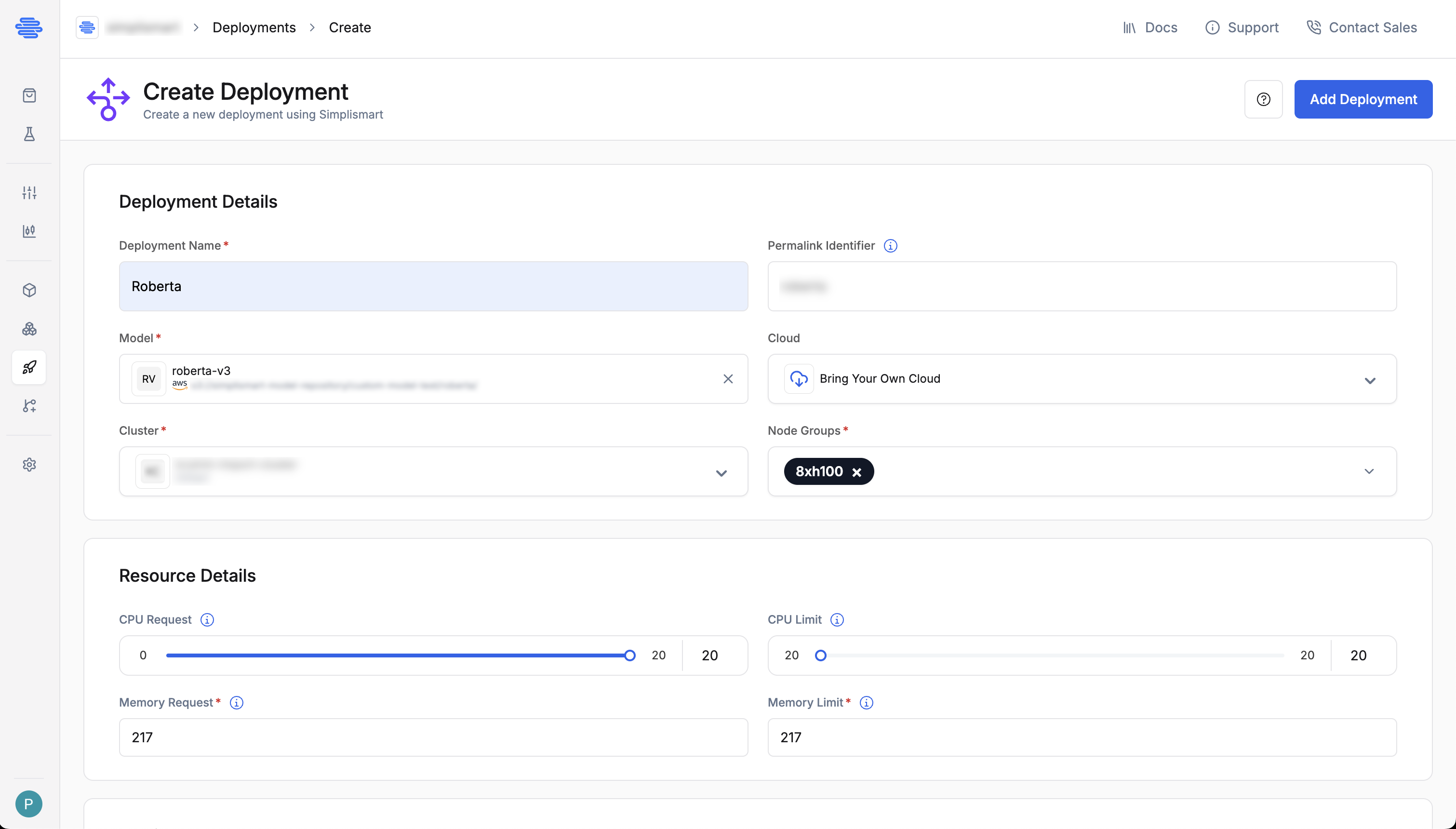 Deploy model button and status panel