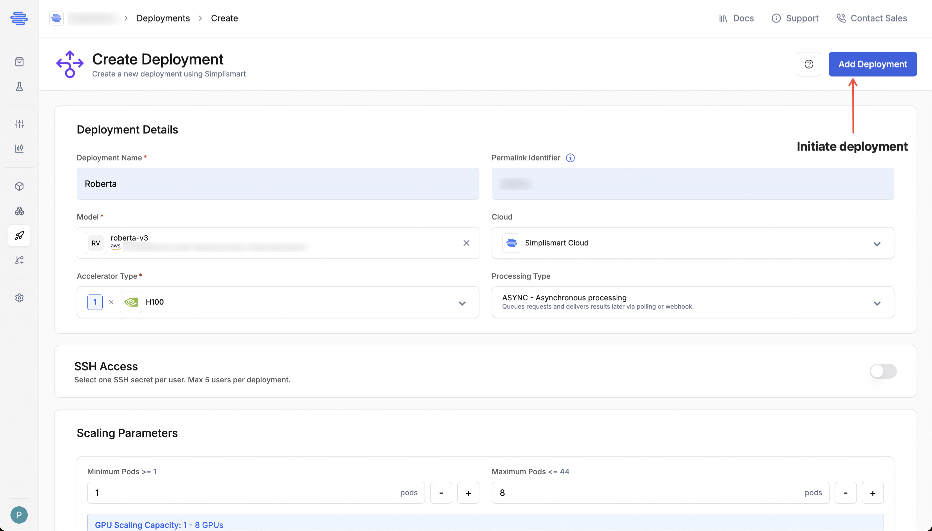 Deploy model button and status panel