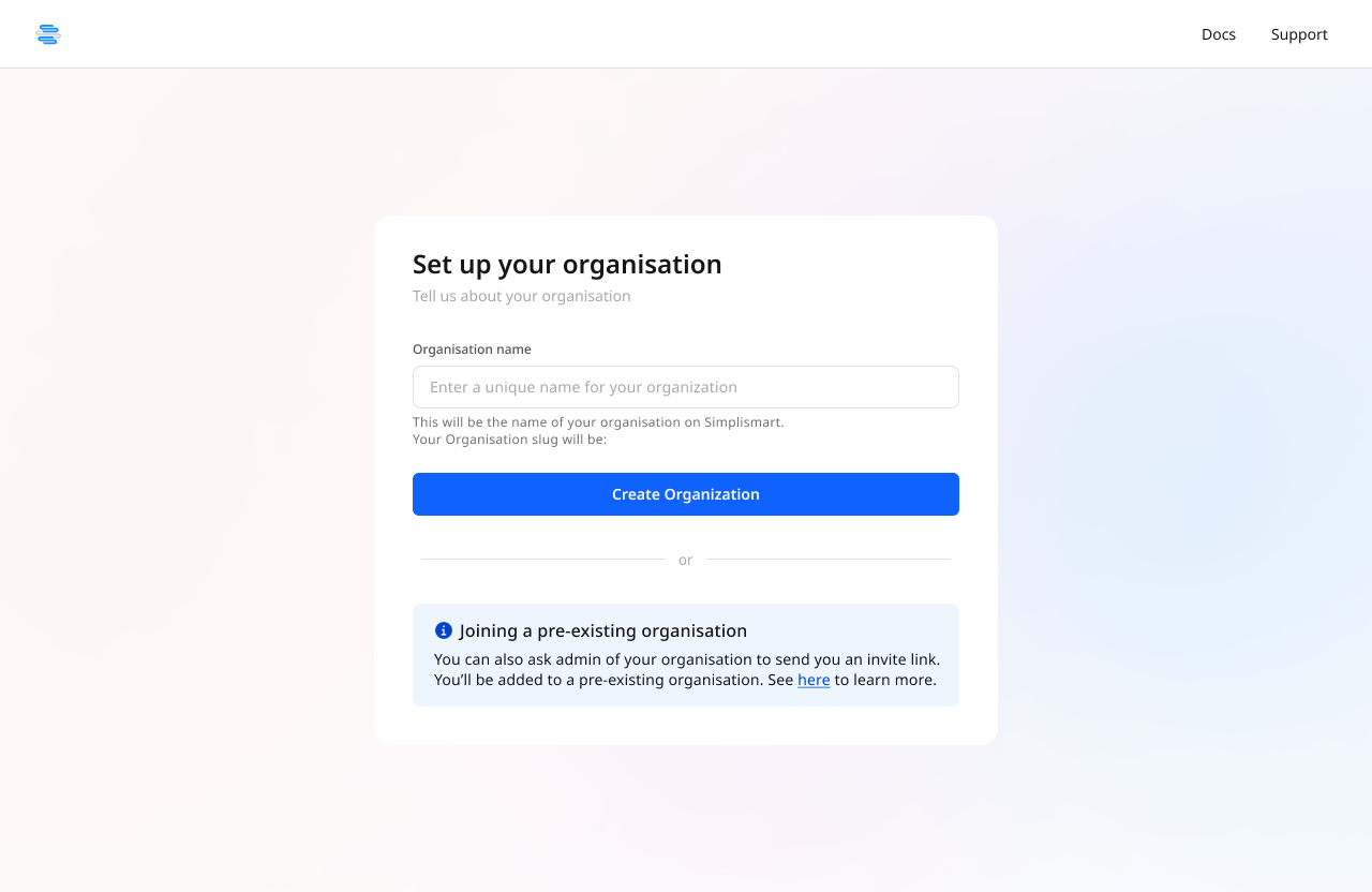 Organization setup screen with name and details fields